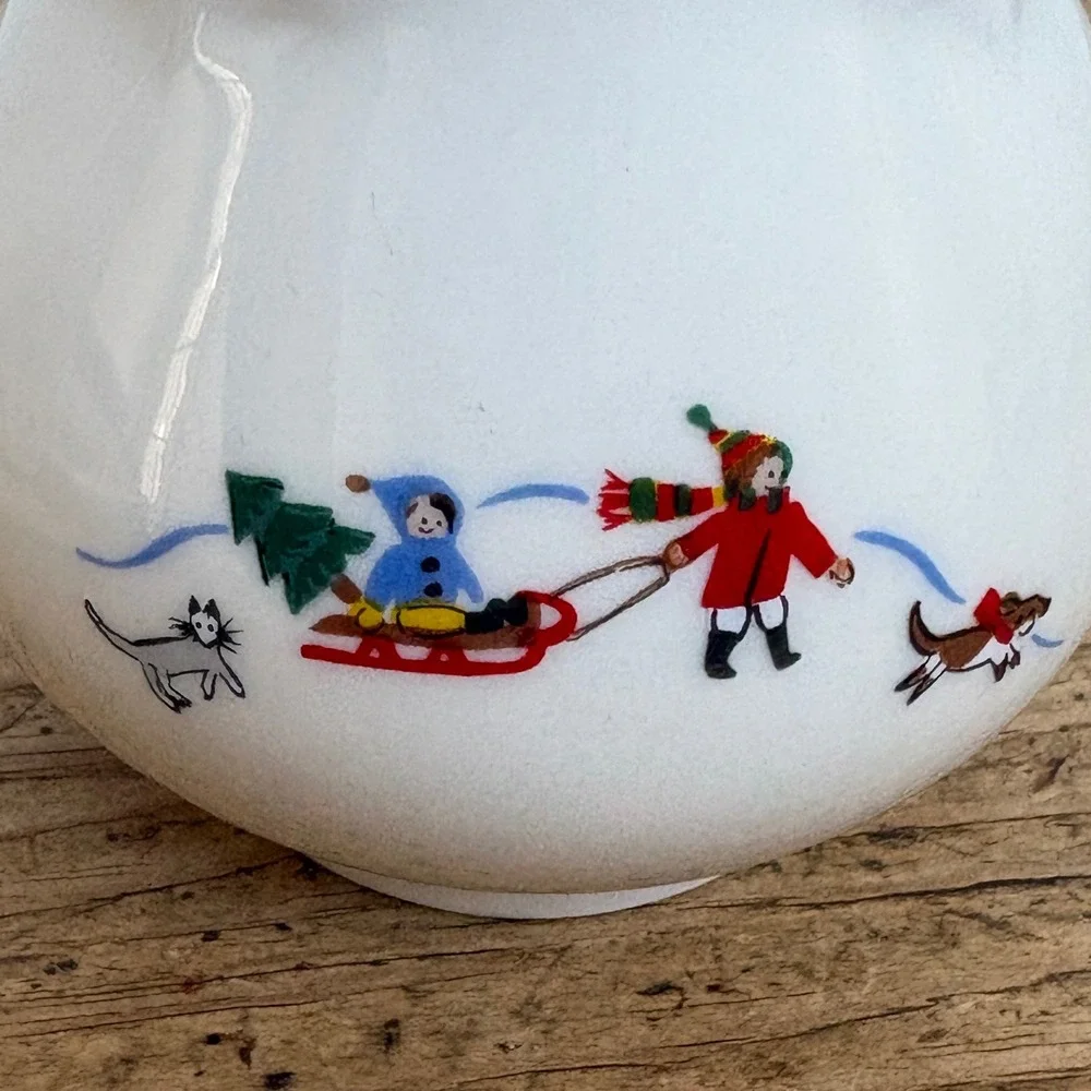 Pfaltzgraff Snow Village‎ Creamer Pitcher White Stoneware Snowman Sledding Scene